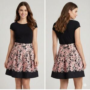 Carmen Marc Valvo Black A-Line Skirt with Pink Floral Pattern
